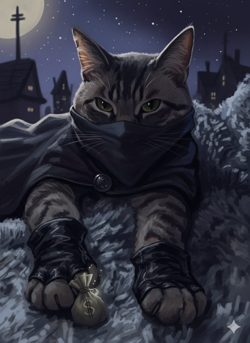 An AI rendering of Cleo the cat looking like a robber in the night with a mask.