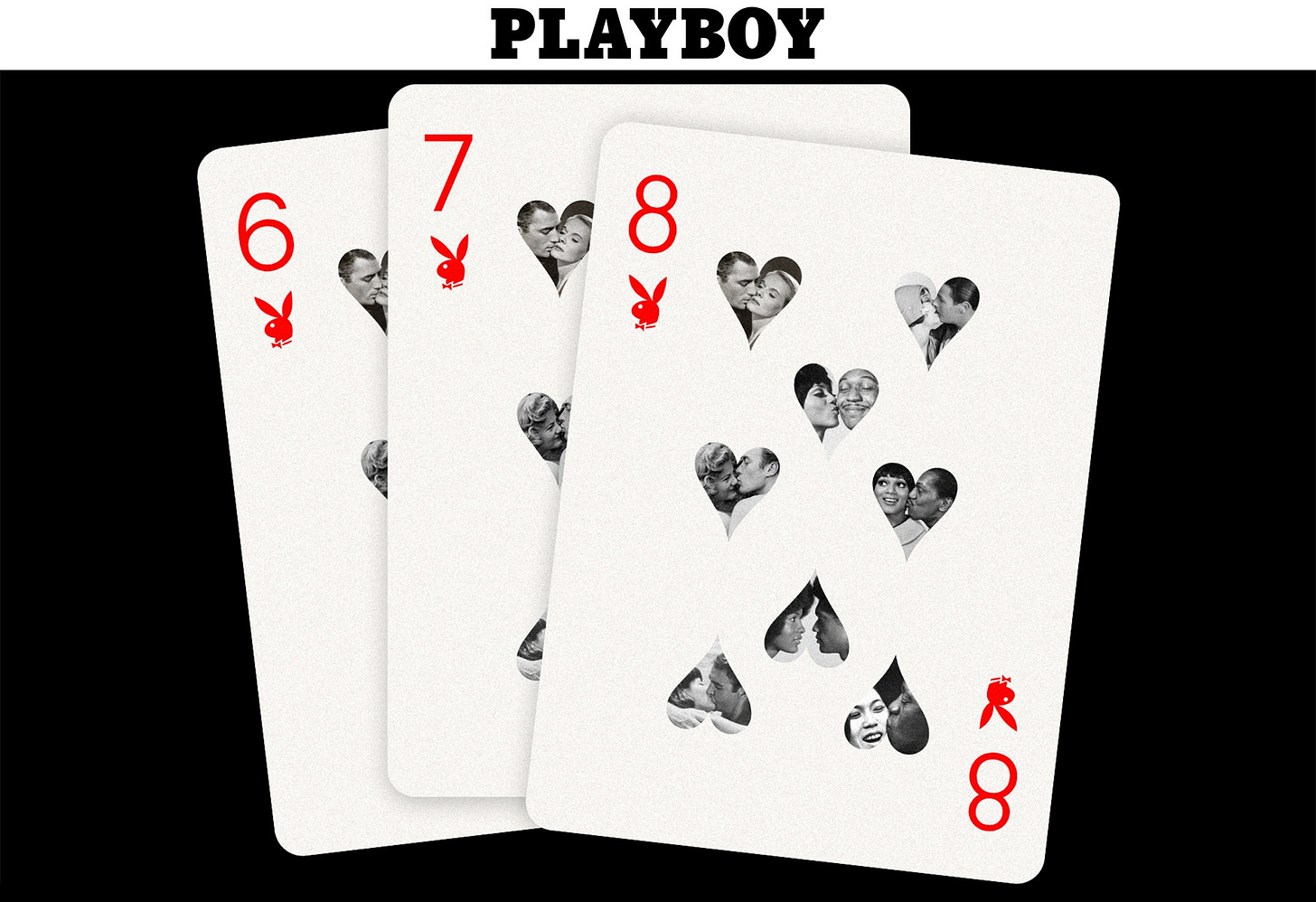 Graphic designed for the Playboy website shows playing cards with hearts and the Playboy bunny.