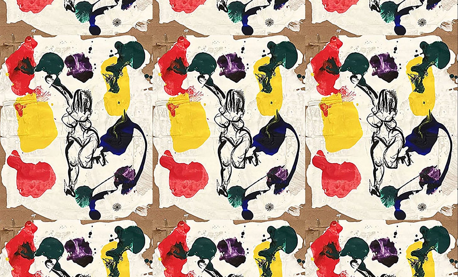 9 identical images – stacked in rows of 3 - of a painting that is used in Rotten Representations: one armed go dancer. White background on worn paper. Blotches of color surround black lines that depict a female figure shaking ass, right arm up, hair moving, breasts swaying, left leg kicked back tripping the light fantastic. 9 identical images – stacked in rows of 3 - of a painting that is used in Rotten Representations: one armed go dancer. White background on worn paper. Blotches of color surround black lines that depict a female figure shaking ass, right arm up, hair moving, breasts swaying, left leg kicked back tripping the light fantastic.