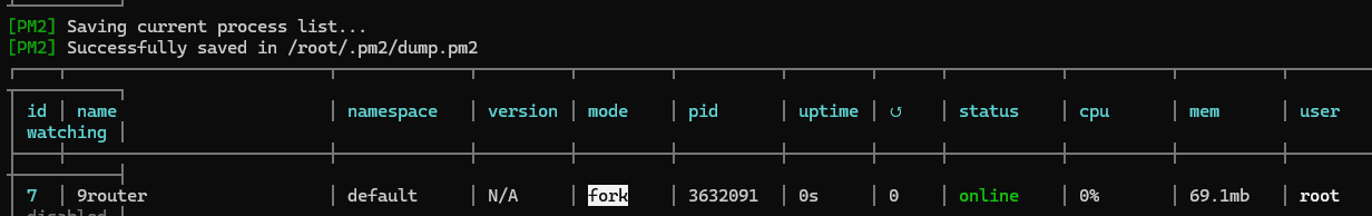 PM2 showing 9Router online from the source-based ecosystem config. PM2 showing 9Router online from the source-based ecosystem config.