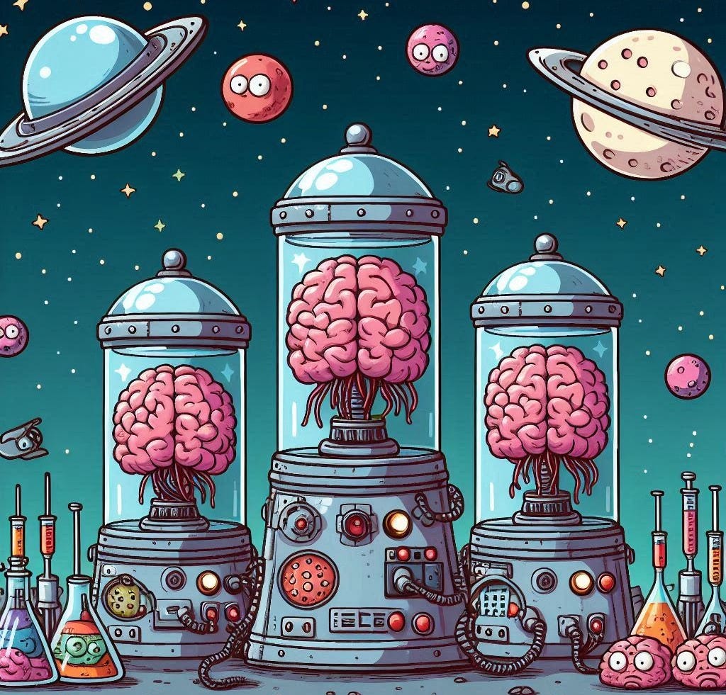 cartoon or hand drawn style space scene with animated brains in vats
