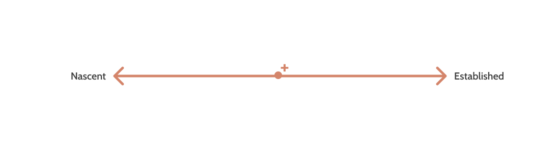 A horizontal double-ended arrow in light red, representing a spectrum. The left end is labeled “Nascent” and the right end is labeled “Established.”