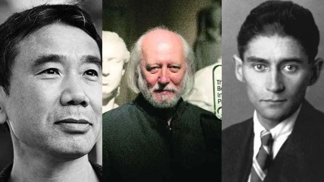 When Murakami reverses Kafka’s metamorphosis, he is not mocking it; he is completing it. (In pic L-R: Murakami, Krasznahorkai and Kafka)