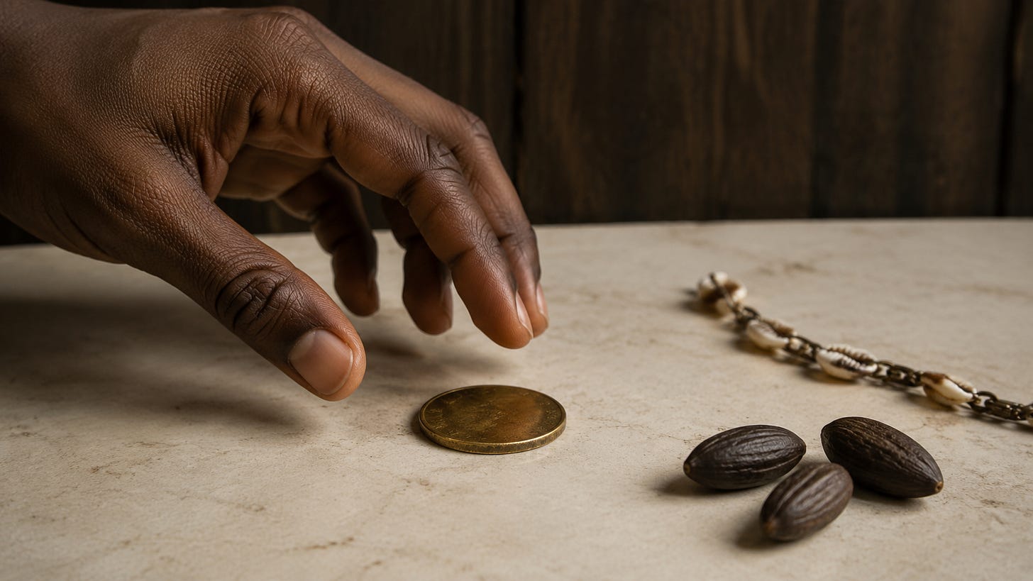 A hand hesitates above a single gold coin beside a few ikin and part of an ọ̀pẹ̀lẹ̀ on a contemporary wood-and-stone surface. A hand hesitates above a single gold coin beside a few ikin and part of an ọ̀pẹ̀lẹ̀ on a contemporary wood-and-stone surface.