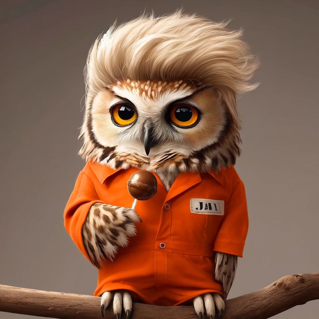 A photorealistic image of an owl in an orange jail jumpsuit, standing on a branch and licking a Tootsie Pop. The owl has large, expressive eyes, a somewhat mischievous expression, and very wispy blonde hair in a comb-over style. The background is simple, keeping the focus on the owl in the jumpsuit with the Tootsie Pop and the distinct hairstyle.