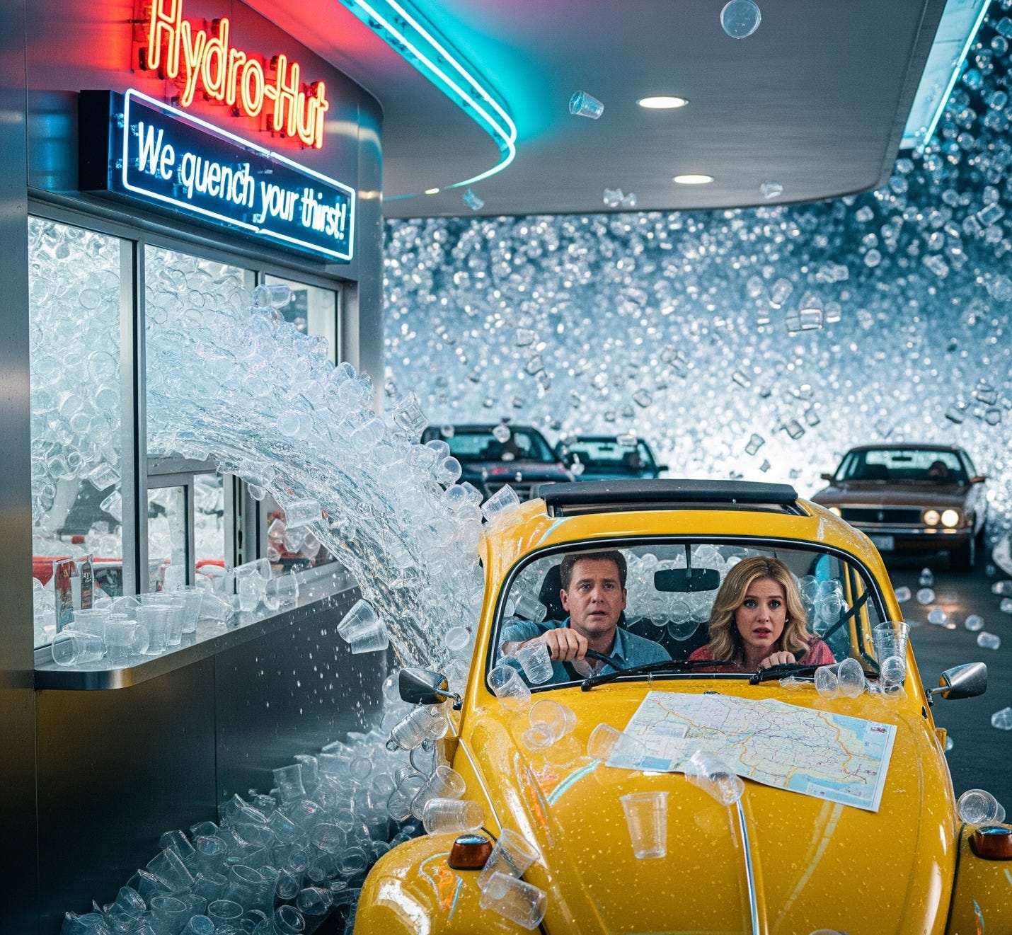 A person and person driving a yellow car in a parking lot with bubbles

AI-generated content may be incorrect.