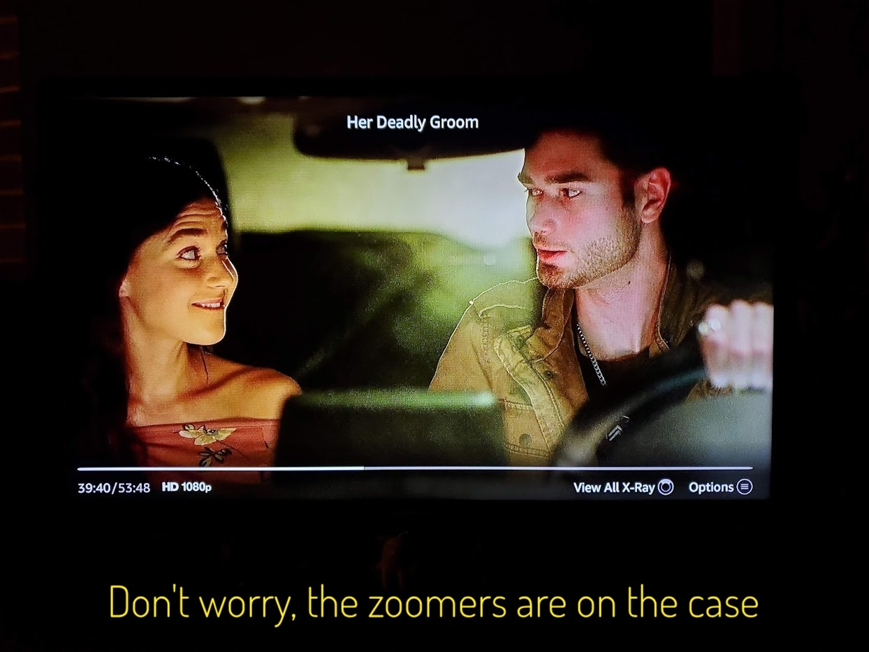 Nicky and Jake in the car, looking conspiratorial and full of ideas, captioned "Don't worry, the zoomers are on the case"