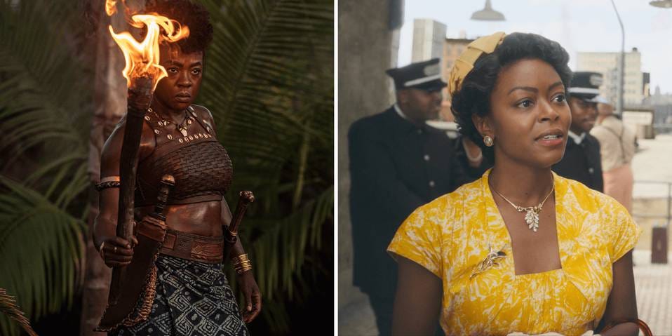 L: Viola Davis stars in THE WOMAN KING. Photo by Ilze Kitshoff. © 2021 CTMG, Inc. All Rights Reserved. SONY PICTURES ENTERTAINMENT INC.