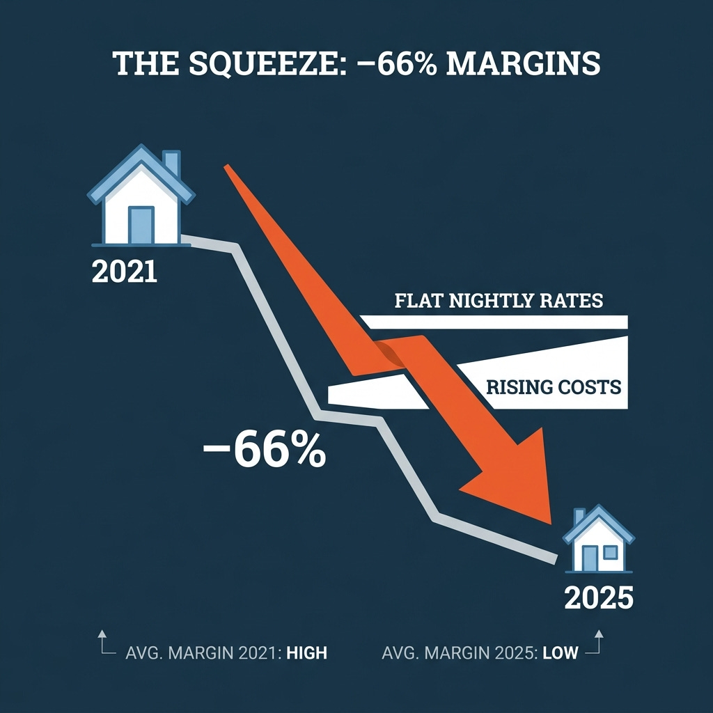 The Squeeze — a steep declining chart showing a 66% margin collapse from 2021 to 2025 as costs rise and rates stay flat. The Squeeze — a steep declining chart showing a 66% margin collapse from 2021 to 2025 as costs rise and rates stay flat.