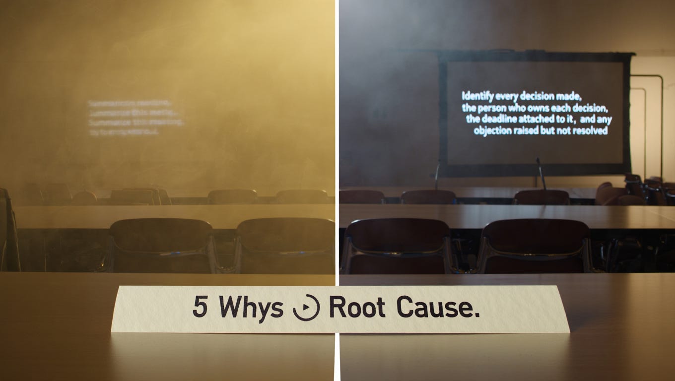 he split-screen visualizes the essay's central contrast. Left side = descriptive language (fog, vagueness, safety). Right side = operational language (clarity, accountability, action). The same room, different outcomes. This is the most complete visual metaphor for the piece.