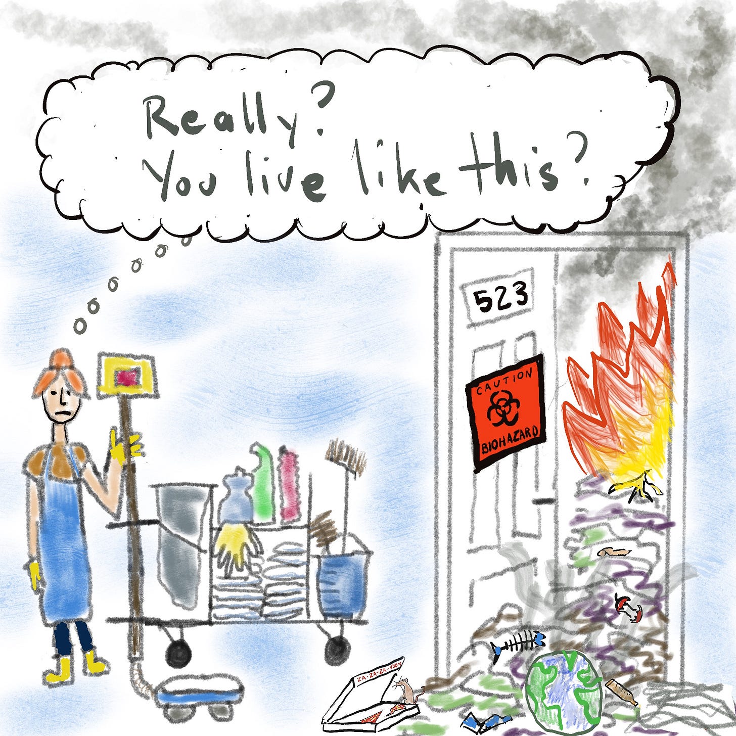 maid cleaning a filthy hotel room