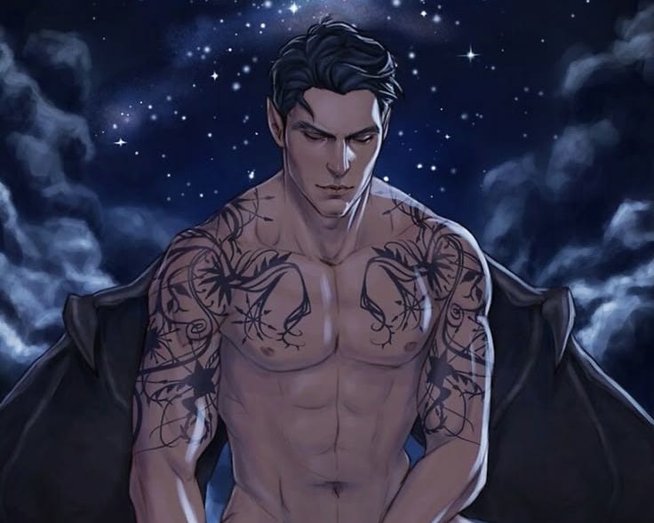 This may contain: a man with tattoos on his chest sitting in front of the night sky and stars