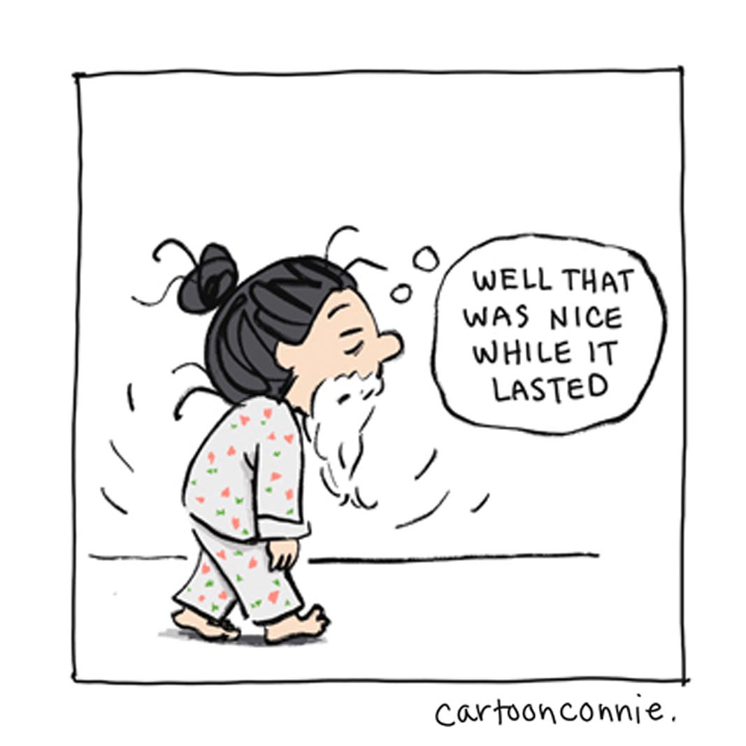 Panel 6 of a 6-panel comic about the comforts of a sick day. Panels illustrate a cartoon girl with a bun recovering from a cold and finally getting the rest she needs. Titled "Sick Day Comforts." Original artwork by Connie Sun, cartoonconnie, 2026. Panel 6 of a 6-panel comic about the comforts of a sick day. Panels illustrate a cartoon girl with a bun recovering from a cold and finally getting the rest she needs. Titled "Sick Day Comforts." Original artwork by Connie Sun, cartoonconnie, 2026.