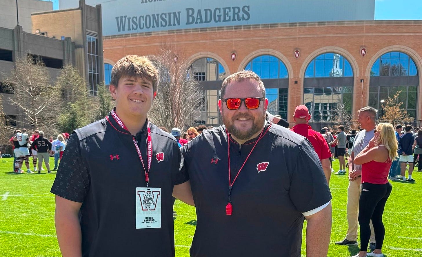 Wisconsin 2028 offensive line commit Brock Barrows poses with Badgers offensive line coach Eric Mateos during a recruiting visit to campus. Wisconsin 2028 offensive line commit Brock Barrows poses with Badgers offensive line coach Eric Mateos during a recruiting visit to campus.