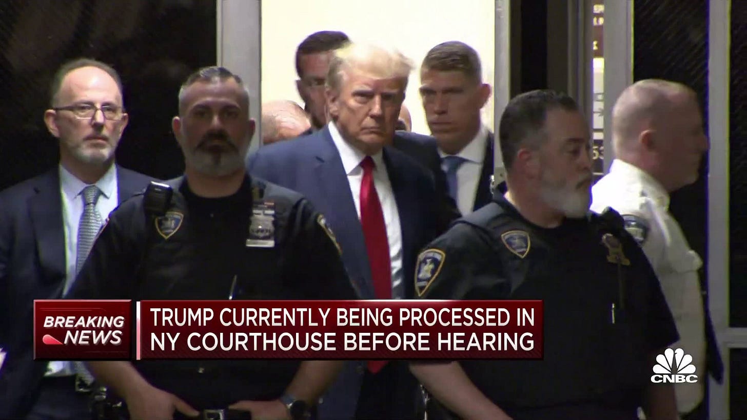 Donald Trump enters New York City courtroom following arrest processing