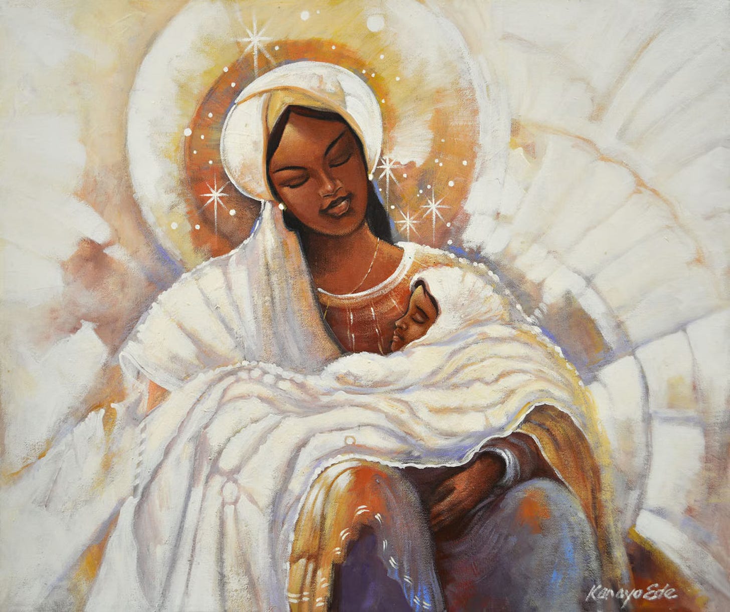 A modern painting of a Black woman wrapped in white, holding a child sleeping peacefully in her arms. The background is celestial and gold. They are surrounded by light and stars. A modern painting of a Black woman wrapped in white, holding a child sleeping peacefully in her arms. The background is celestial and gold. They are surrounded by light and stars.