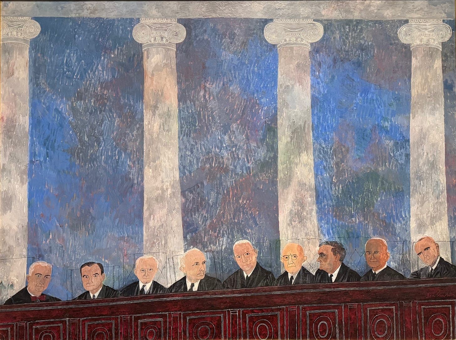 Tempera painting - face and shoulders nine Supreme Court justices seated at long podium; background, four white Greek columns against blue sky