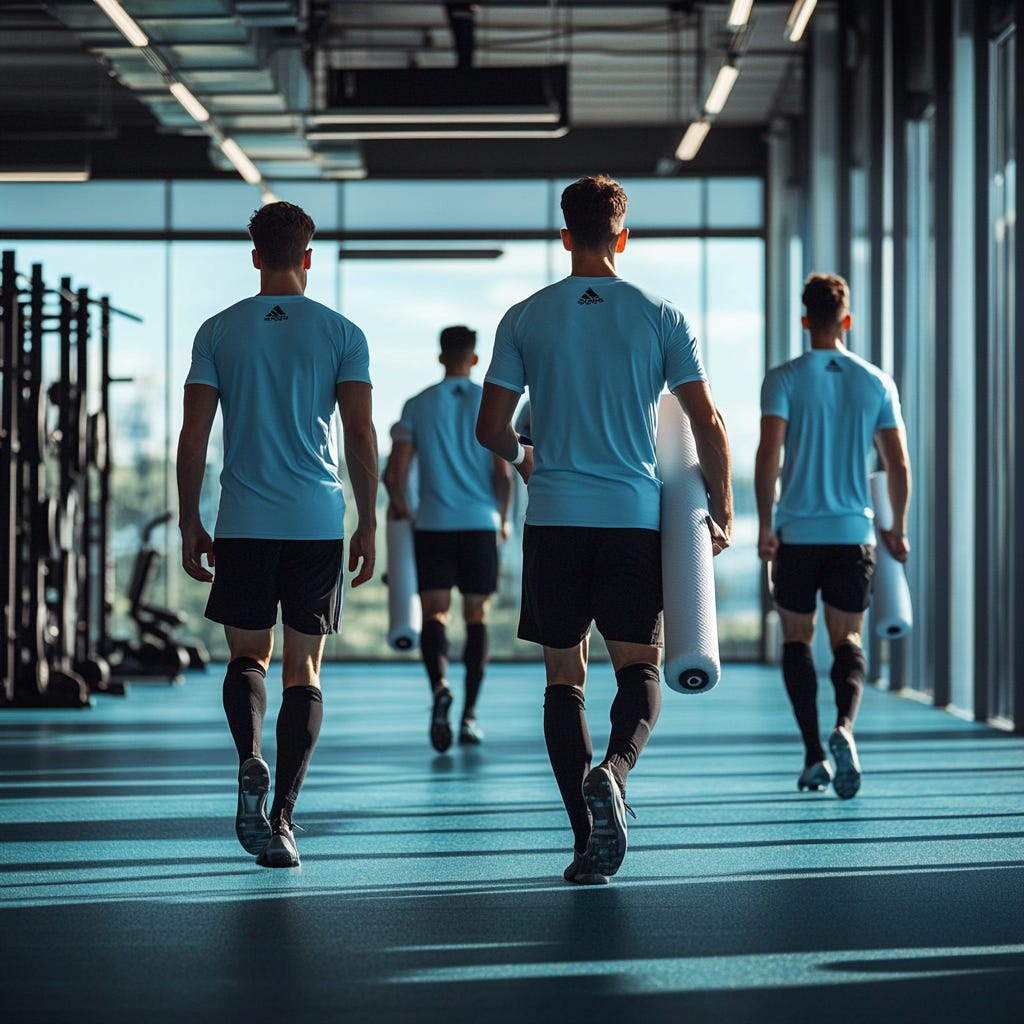 Soccer players heading to the gym to foam roll after training.  Soccer players heading to the gym to foam roll after training.