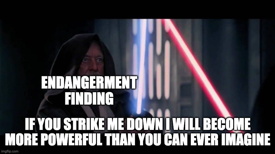 Obi-Wan Kenobi facing Darth Vader's red lightsaber, labelled "Endangerment finding," with the caption "If you strike me down I will become more powerful than you can ever imagine."