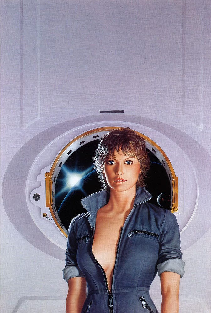 A woman in a blue denim jumpsuit stands in front of a view of space as seen through a gold trimmed porthole. The central zipper of her outfit is drawn down to her waist exposing bare skin. Her short cropped, sandy blonde hair has a slight curl. Her eyes reflect vibrant blue set in a gaze directly forward. The silhouette of a planet can be seen in the round viewport behind her. A star emerges from behind the planet and flares above her right shoulder. A moon with bright crescent highlight hangs over her left shoulder.