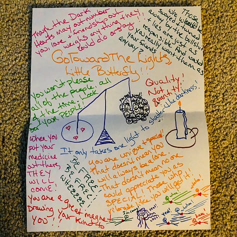 I AM: inspiring, agile, educated, witty, sweet, healthy, goofy, communicative, eloquent, organized, reborn, mirthful, energetic...ME. And so, so many more. I filled a whole page in rainbow hues. On a scrapbook: A photo from 1991, with You have always been complete.