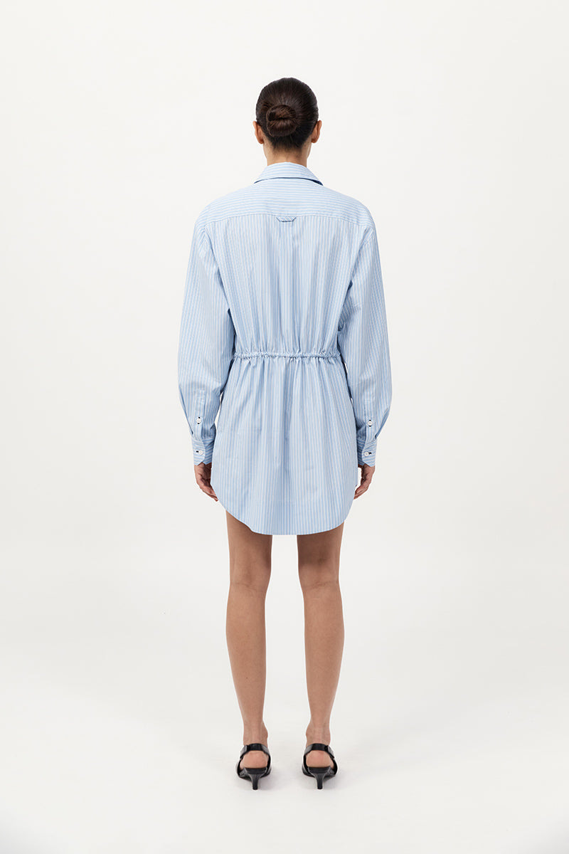Drawstring Mini Shirt Dress - Pale Blue Stripe
