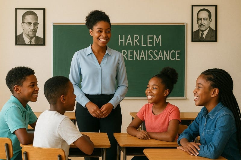Teacher talks to a class of Black students about the Harlem Renaissance, which is written on the chalkboard