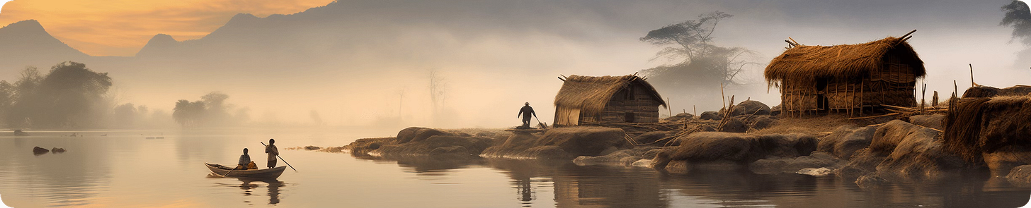 Misty Myanmar river at sunrise with thatched huts on the shore and a small boat with two people.