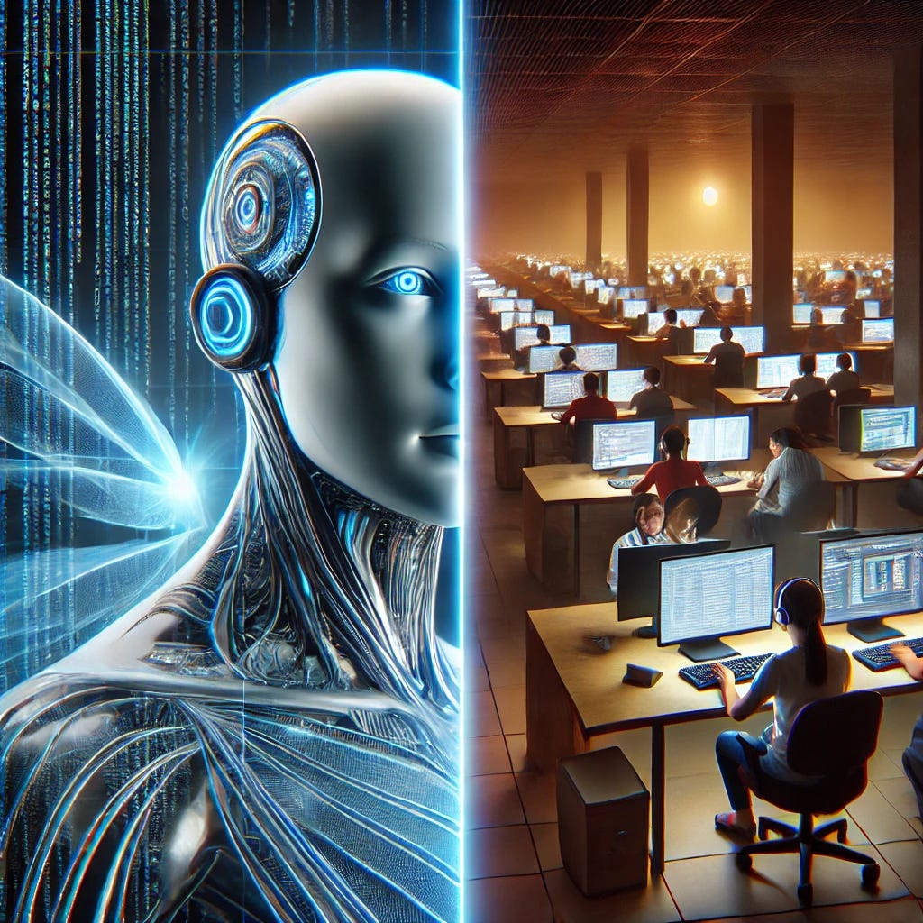 A symbolic digital artwork showing a contrast between real AI and human labor. On one side, sleek futuristic AI interfaces and holograms; on the other, overworked call center agents in a dim office in the Philippines, typing and multitasking behind computer screens. The setting should reflect a deceptive contrast — polished AI branding overlaying hidden human effort. High-detail, editorial-style concept art, dramatic lighting, corporate and technological aesthetics.