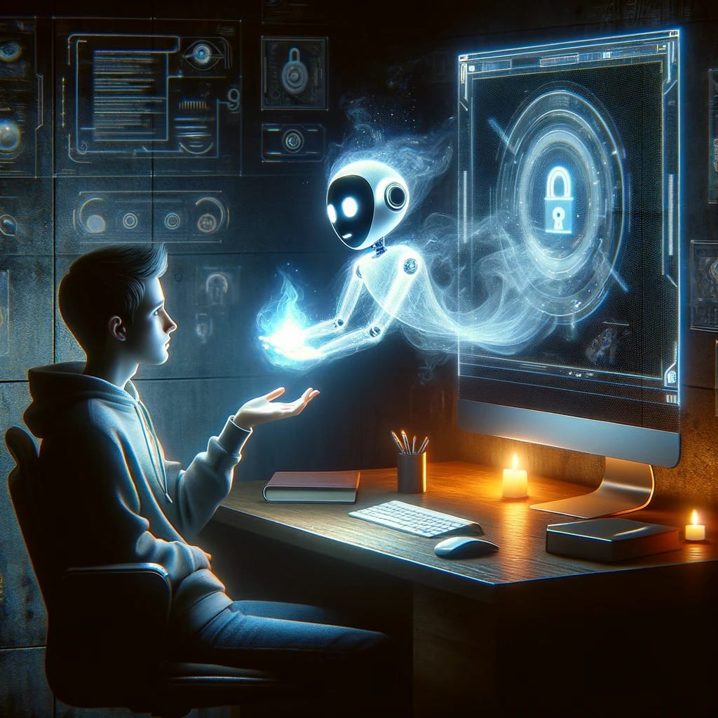 DALL·E 2024-05-29 15.52.52 - A person sitting at a desk in a dimly lit room, with a futuristic AI chatbot on a computer screen. The person has a distressed expression and is handi