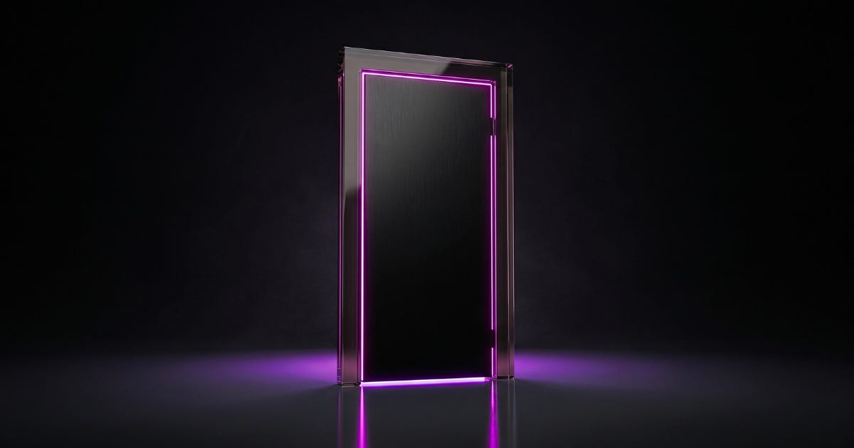 A closed door in a freestanding frame on a dark floor, its edges outlined in glowing magenta light.