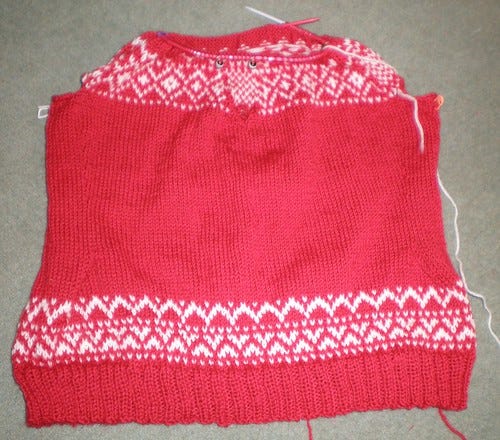 Red and white fairisle in progress Red and white fairisle in progress