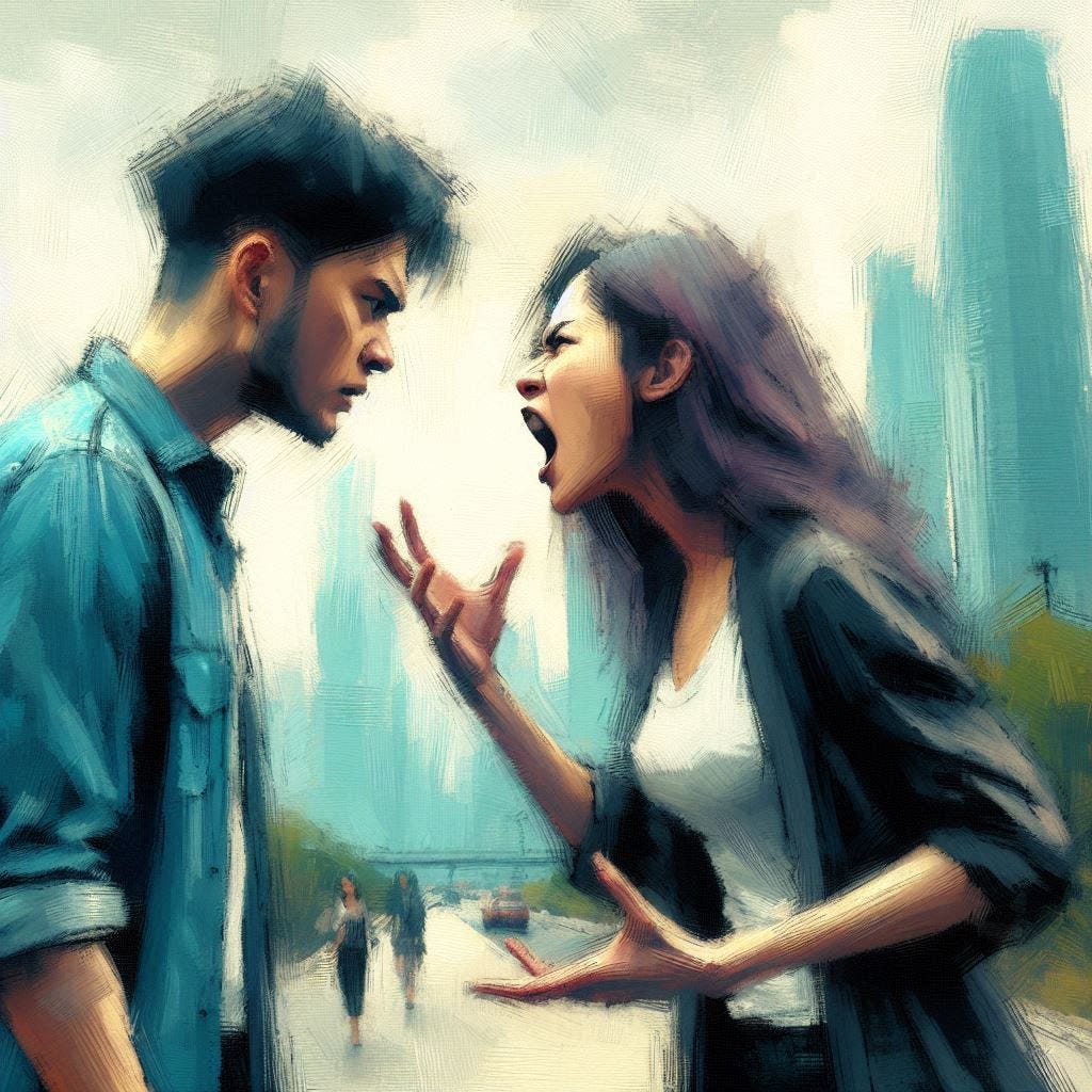 An angry young woman berates an intimidated man. Slight impressionist style.