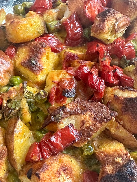 multicolored vegetables - cilantro, potatoes, bell peppers, peas, green beans
