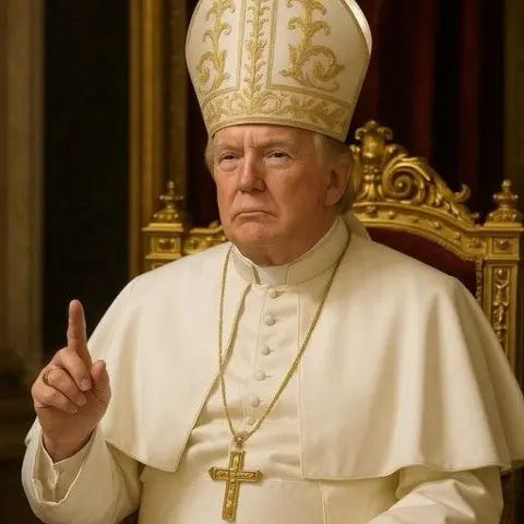 X/White House The image features Trump wearing a white cassock and pointed mitre, traditionally worn by a bishop. He wears a large cross around his neck, and has his finger held up, with a solemn facial expression.

