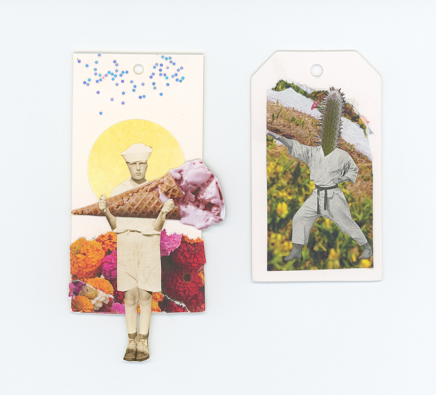 two collages made on clothing price tags. the one on the left has a boy in a sailor suit holding a giant ice cream cone. he's standing in front of some torn pictures of flowers, there's a yellow circle behind his head, and some glitter glued to the top of the tag, around where the hole is. the one on the right is a cactus in a karate uniform, standing on a field of yellow flowers. two collages made on clothing price tags. the one on the left has a boy in a sailor suit holding a giant ice cream cone. he's standing in front of some torn pictures of flowers, there's a yellow circle behind his head, and some glitter glued to the top of the tag, around where the hole is. the one on the right is a cactus in a karate uniform, standing on a field of yellow flowers.