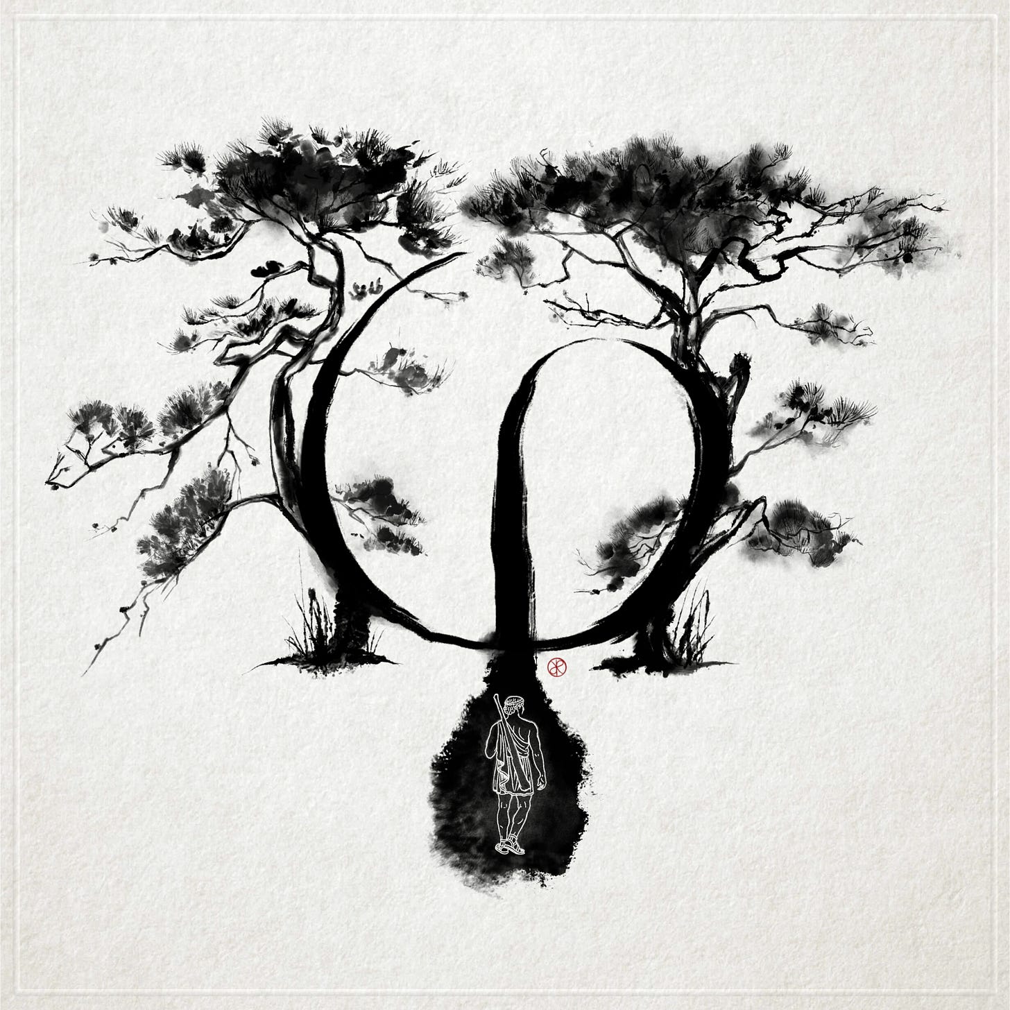 An image in blank ink on white paper showing a small figure of Theseus standing on a path beneath two pine trees. The black ink on which the hero appears white forms the Greek letter Phi (Φ) in the center of the image, symbolising balance, proportion, and the golden mean. The scene represents the psychological midpoint on Theseus’s inner journey — where he begins to hold tension between opposing forces rather than being torn apart by them.
