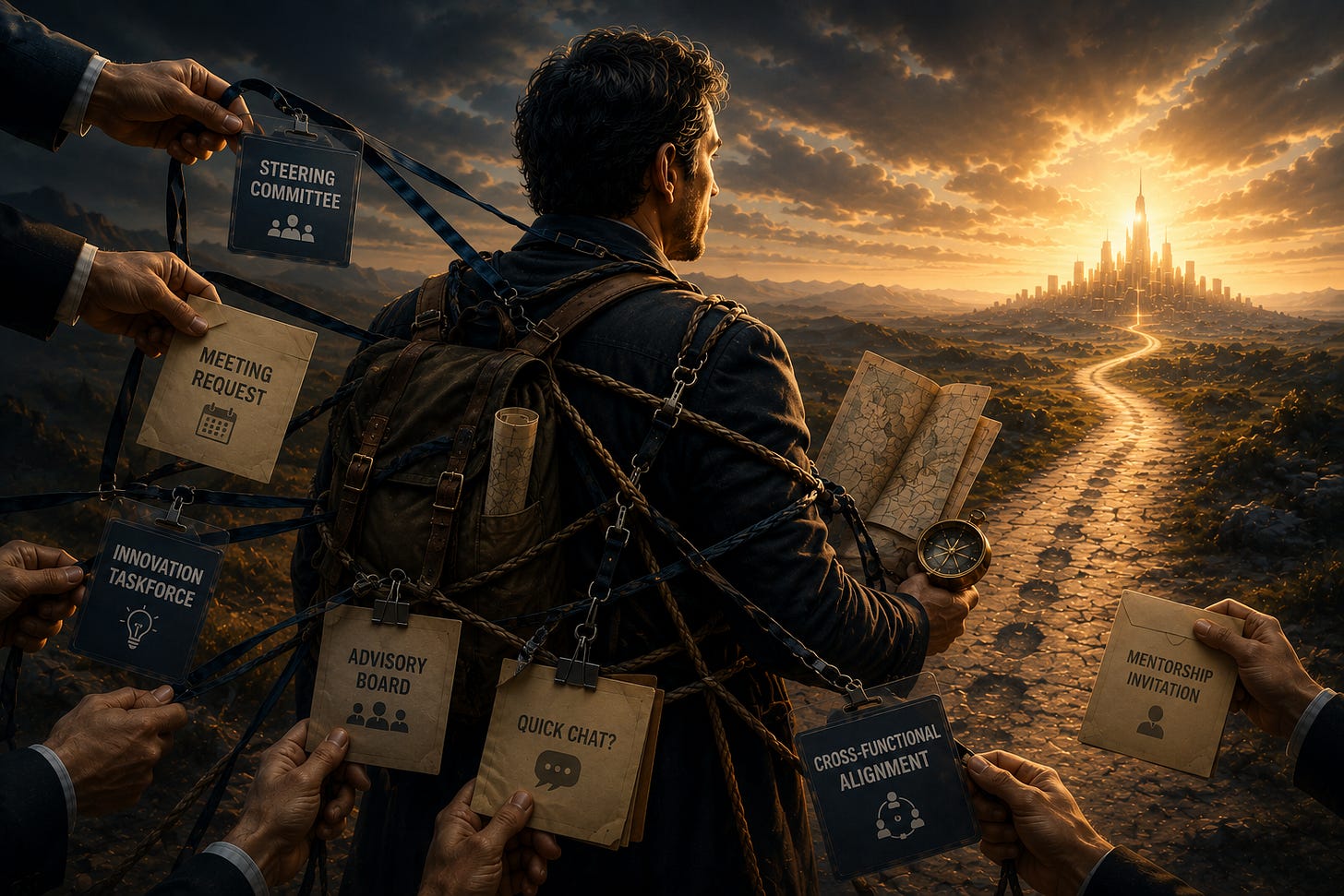 A mid-career leader stands at the start of a road leading towards a distant golden city, holding a map and compass but unable to move forward. Ropes, committee badges, meeting requests, advisory invitations, and competing obligations pull at him from all directions. The image symbolises strategic distraction, collaborative overload, and the hidden cost of saying yes to too many opportunities. Illustrates the Stoic Futurist concept that your calendar is not a strategy and that intentional refusal is required to protect long-term goals.