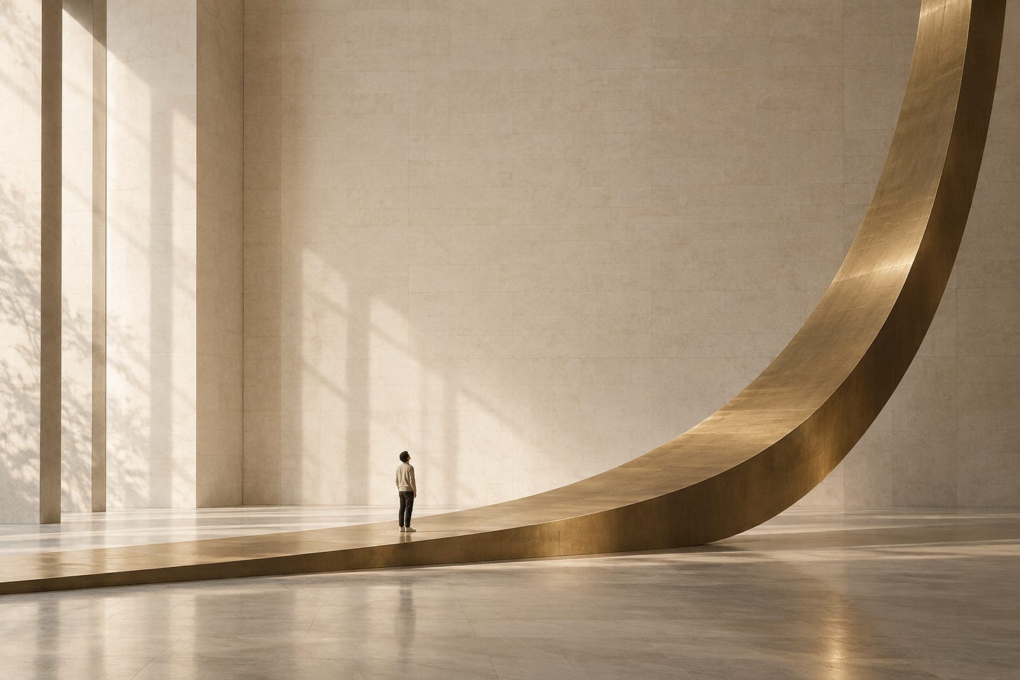 A rising brass curve in a sunlit gallery, with a person at its beginning.