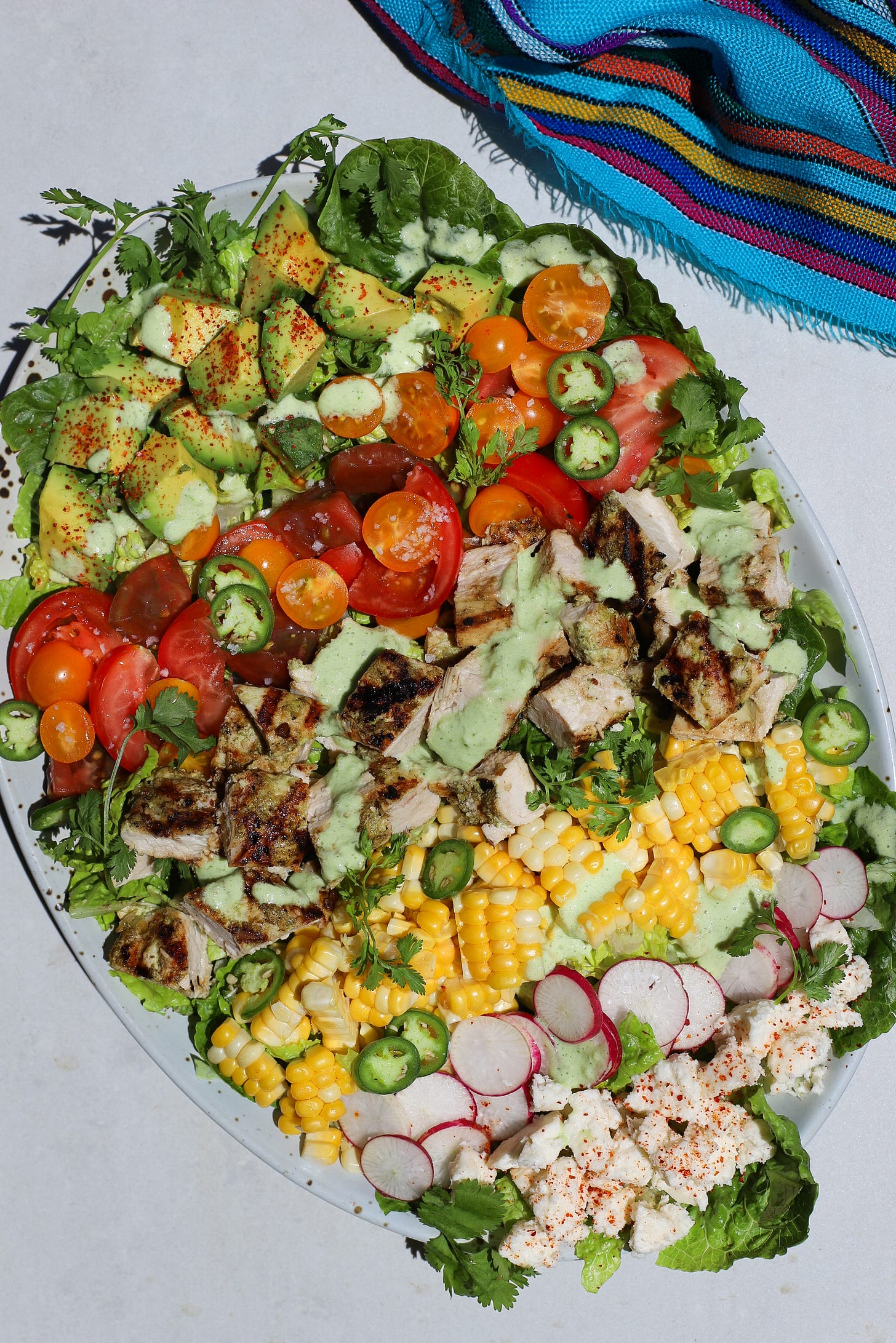 Oval platter with avocado, tomatoes, chicken, corn, radishes, and cheese lined up on shredded lettuce