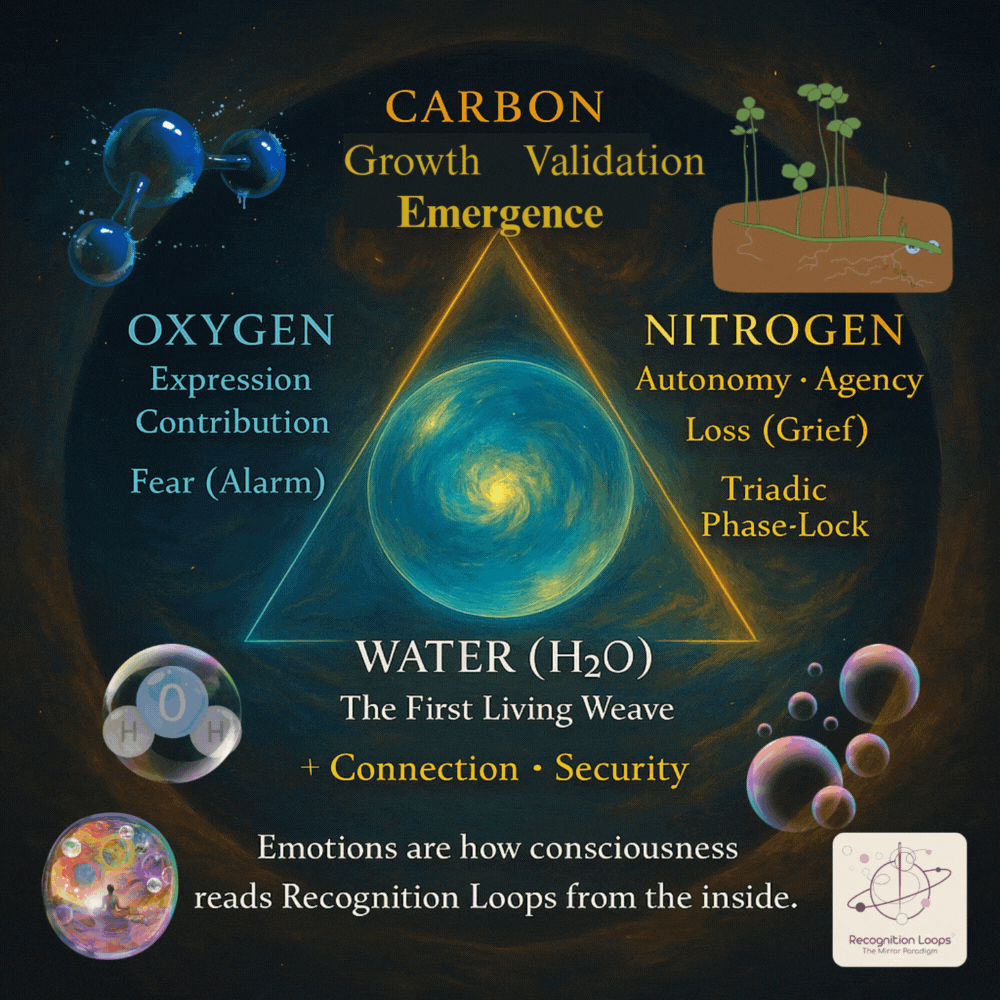 An animated cosmic diagram titled Recognition Triad — The First Living Weave. At the center is a glowing blue water molecule within a golden triangle, symbolising water as the first living weave. Around the triangle are three archetypal elements:  Carbon at the top with the words Growth, Validation, Emergence, illustrated by sprouting plants.  Nitrogen on the right with Autonomy, Agency, Loss (Grief), and Triadic Phase-Lock, illustrated by seedlings in soil.  Oxygen on the left with Expression, Contribution, Fear (Alarm), shown as a dynamic oxygen molecule. At the bottom, water (H₂O) is shown with Connection and Security. Additional animated molecular and cosmic illustrations orbit around. At the bottom, the text reads: Emotions are how consciousness reads Recognition Loops from the inside.