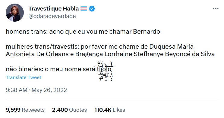 Tweet de 26 de maio de 2022 da "Travesti que Habla": "homens trans: acho que eu vou me chamar Bernardo. Mulheres trans/travestis: me chame de Duquesa Maria Antonieta De Orleans e Bragança Lorrhaine Stefhanye Beyoncé da Silva. Não bináries: o meu nome será tijolo.