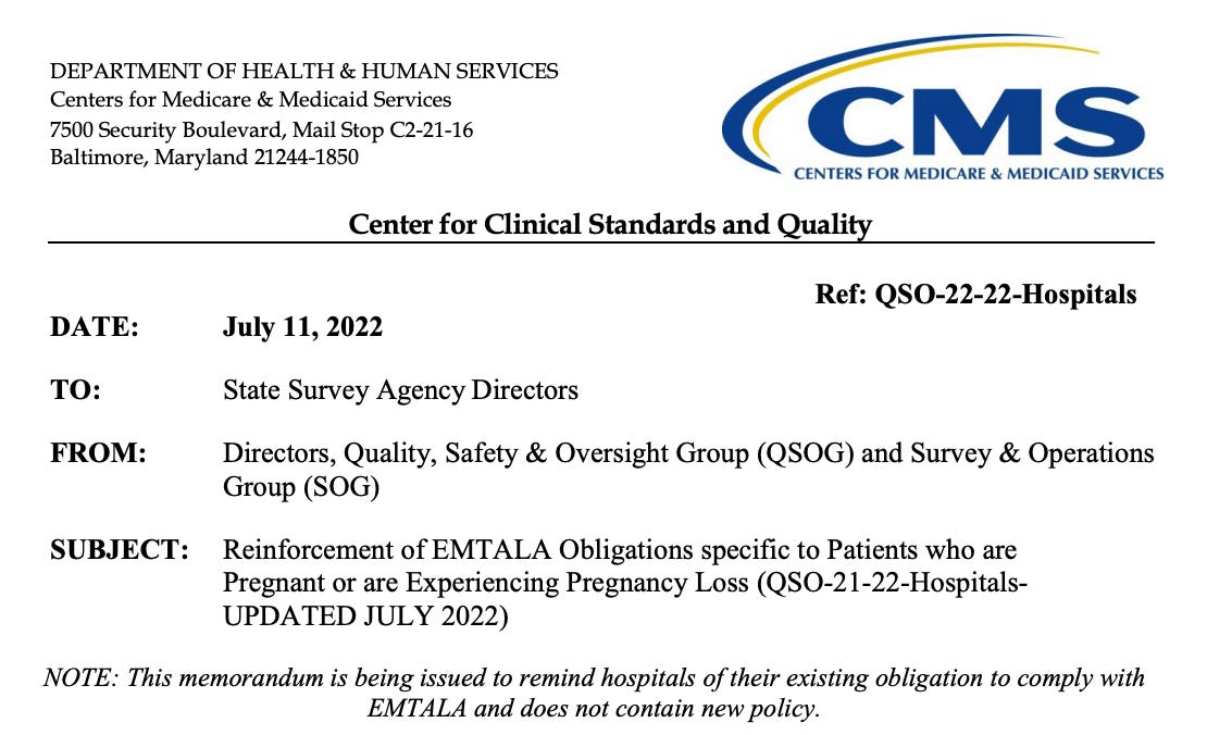 The HHS EMTALA July 11, 2022, guidance header.