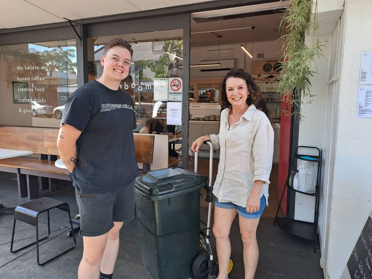 Kat and Jo, with her trusty compost collection bin and trolley.