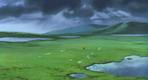 This may contain: a painting of a green field with water and mountains in the background under a cloudy sky