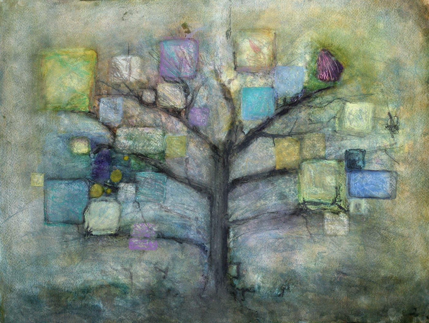 A stylised watercolour tree with a dark trunk and branches, bearing coloured squares in greens, blues, purples, and yellows like leaves or hanging items, representing interconnected concepts in a knowledge system. A stylised watercolour tree with a dark trunk and branches, bearing coloured squares in greens, blues, purples, and yellows like leaves or hanging items, representing interconnected concepts in a knowledge system.
