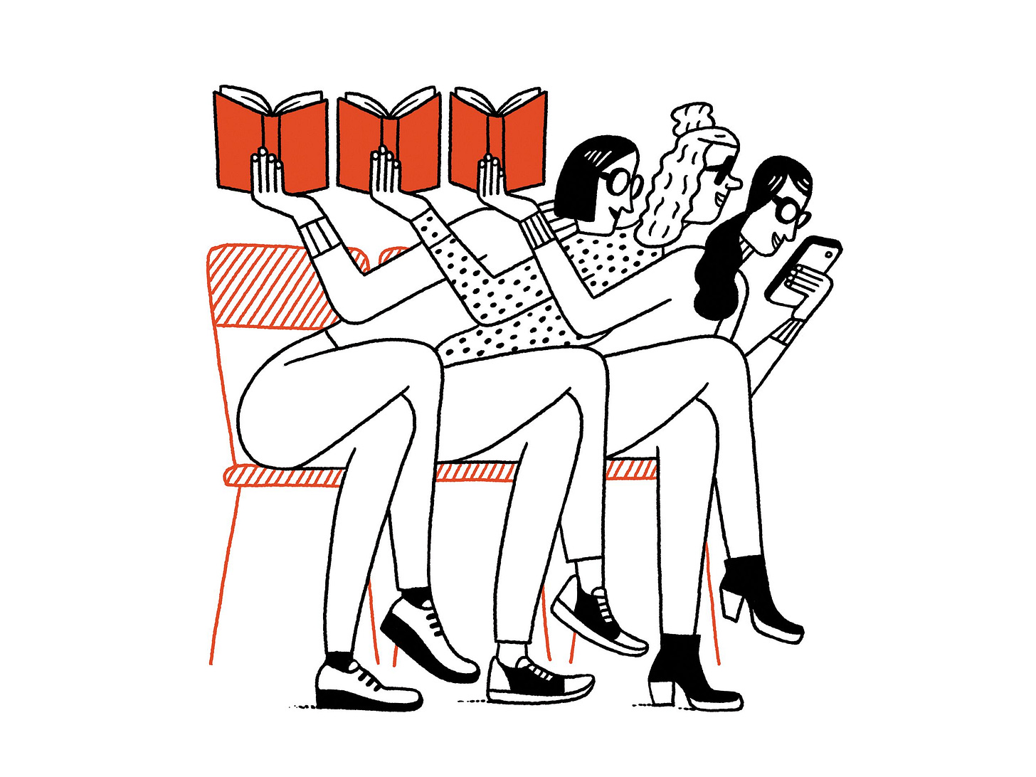 An illustration of three women looking at a phone instead of their books. An illustration of three women looking at a phone instead of their books.