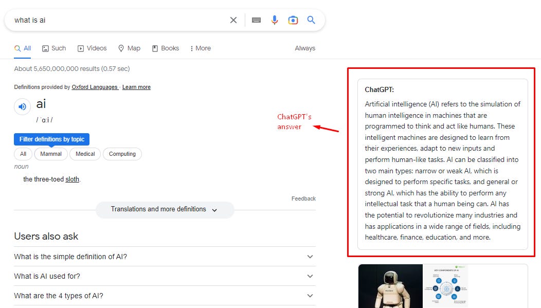 ChatGPT’s answer to the question “what is AI” displayed alongside Google search results