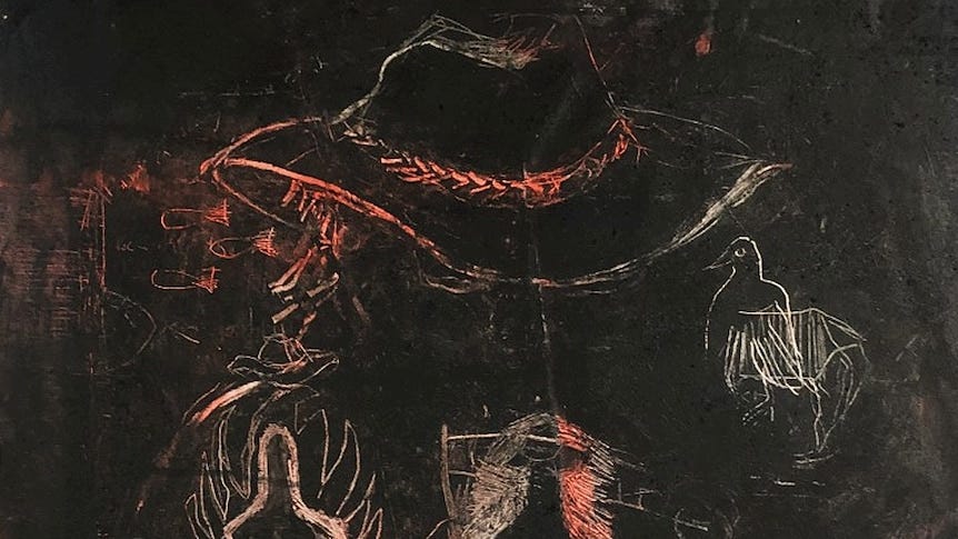 A black painting with the word welcome across the top, it has an akubra hat in red and white with two figures in the foreground A black painting with the word welcome across the top, it has an akubra hat in red and white with two figures in the foreground