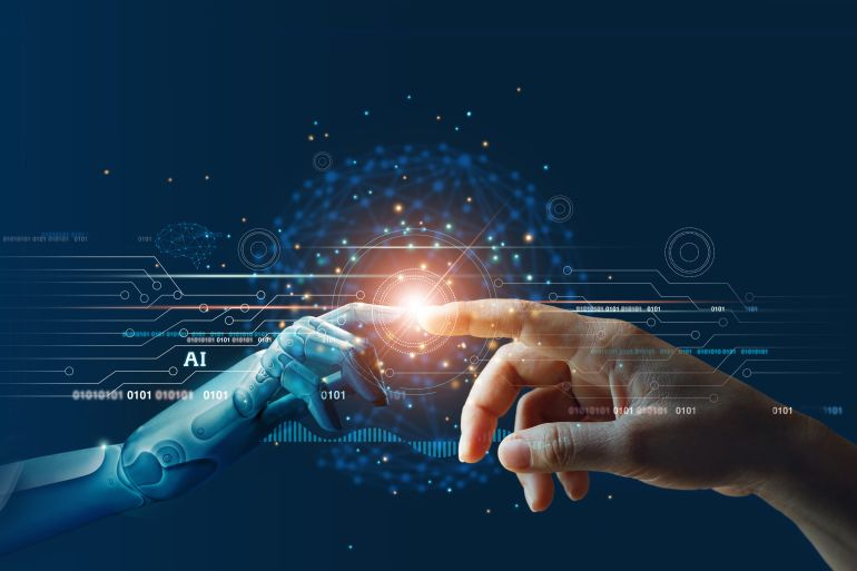AI - hands of machine and human touching AI - hands of machine and human touching